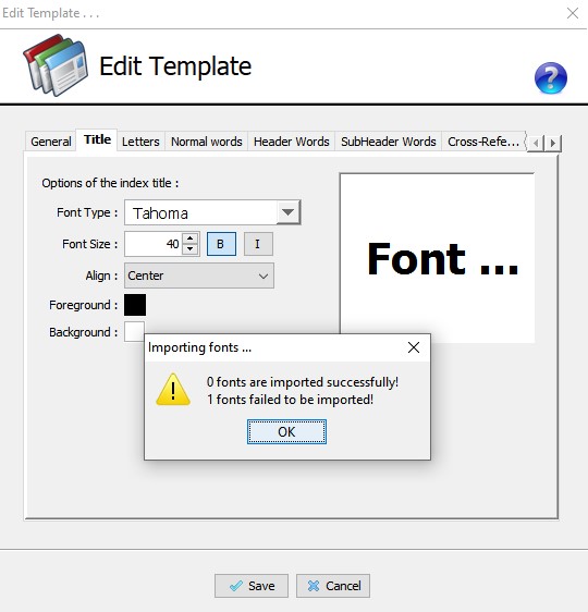 Import font failure message