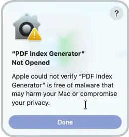 PDF Index Generator Not Opened Warning