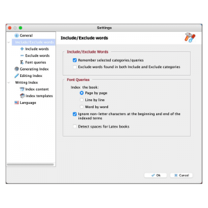 Program settings: Options of the terms to include/exclude from the index