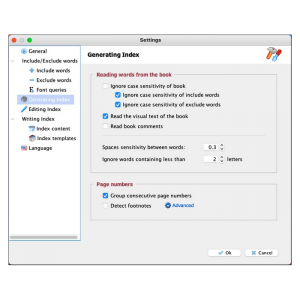 Program settings: Options for generating the index