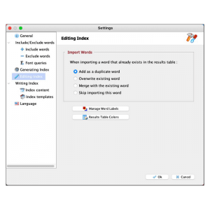 Program settings: Options for modifying the index