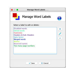 Program settings: Define word labels to categorize indexed terms into groups