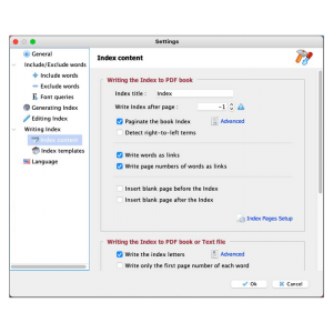 Program settings: Options of writing the index to the book