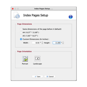 Program settings: Specify the dimensions of the index pages