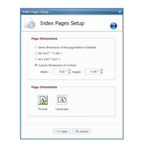 Program settings: Specify the dimensions of the index pages